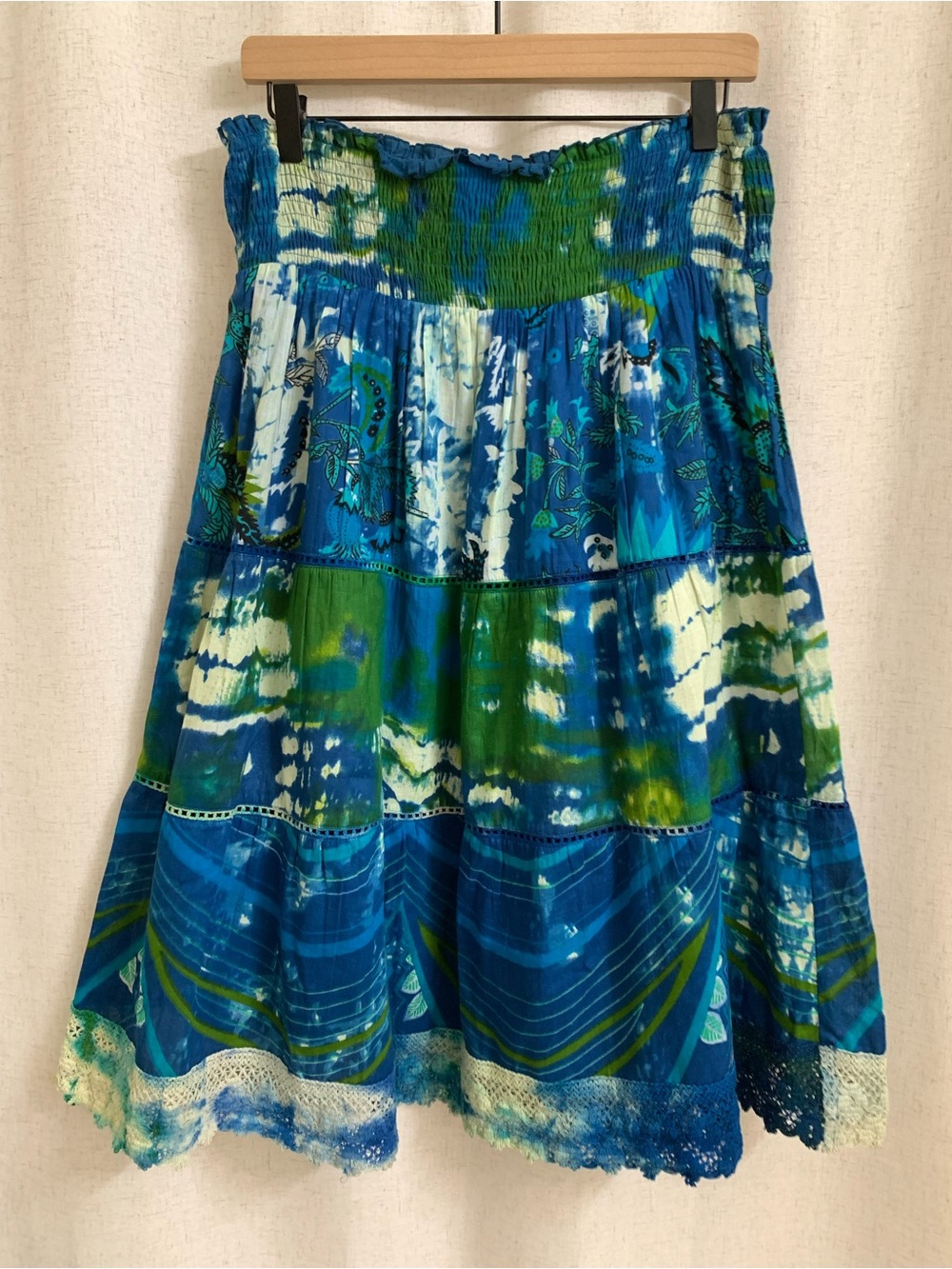 Chaudry 100% Cotton Bohemian Lace Tie-Dye Blue Green A-Line Tiered Skirt Medium